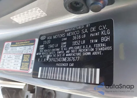 2021 Kia Rio 5-Door S z USA, uszkodzony, nr VIN 3KPA25AD3ME367677